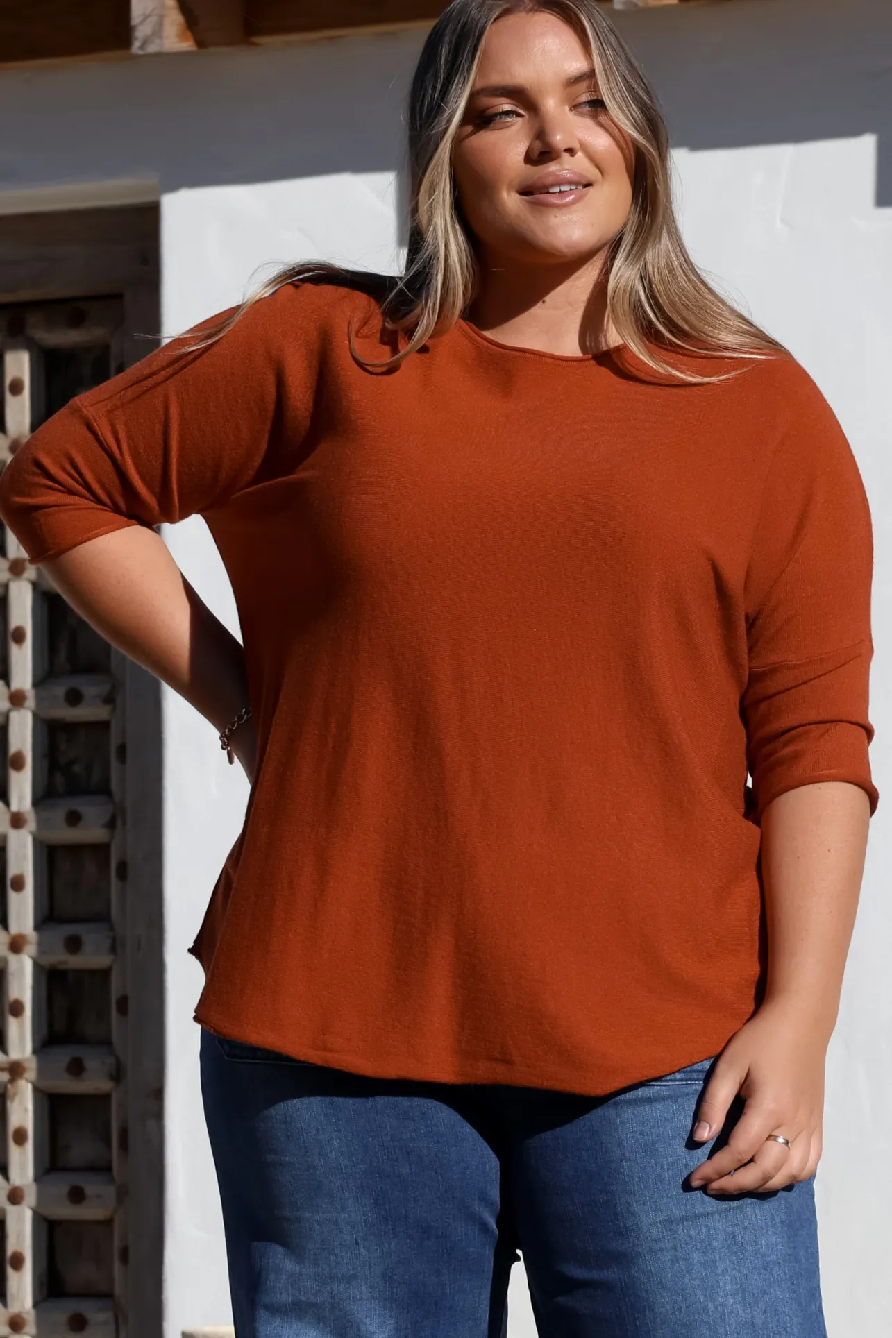 Allegra Knit Top - Crew Neck Curved Hem Box Silhouette Top in Burnt Orange>Salty Crush Hot