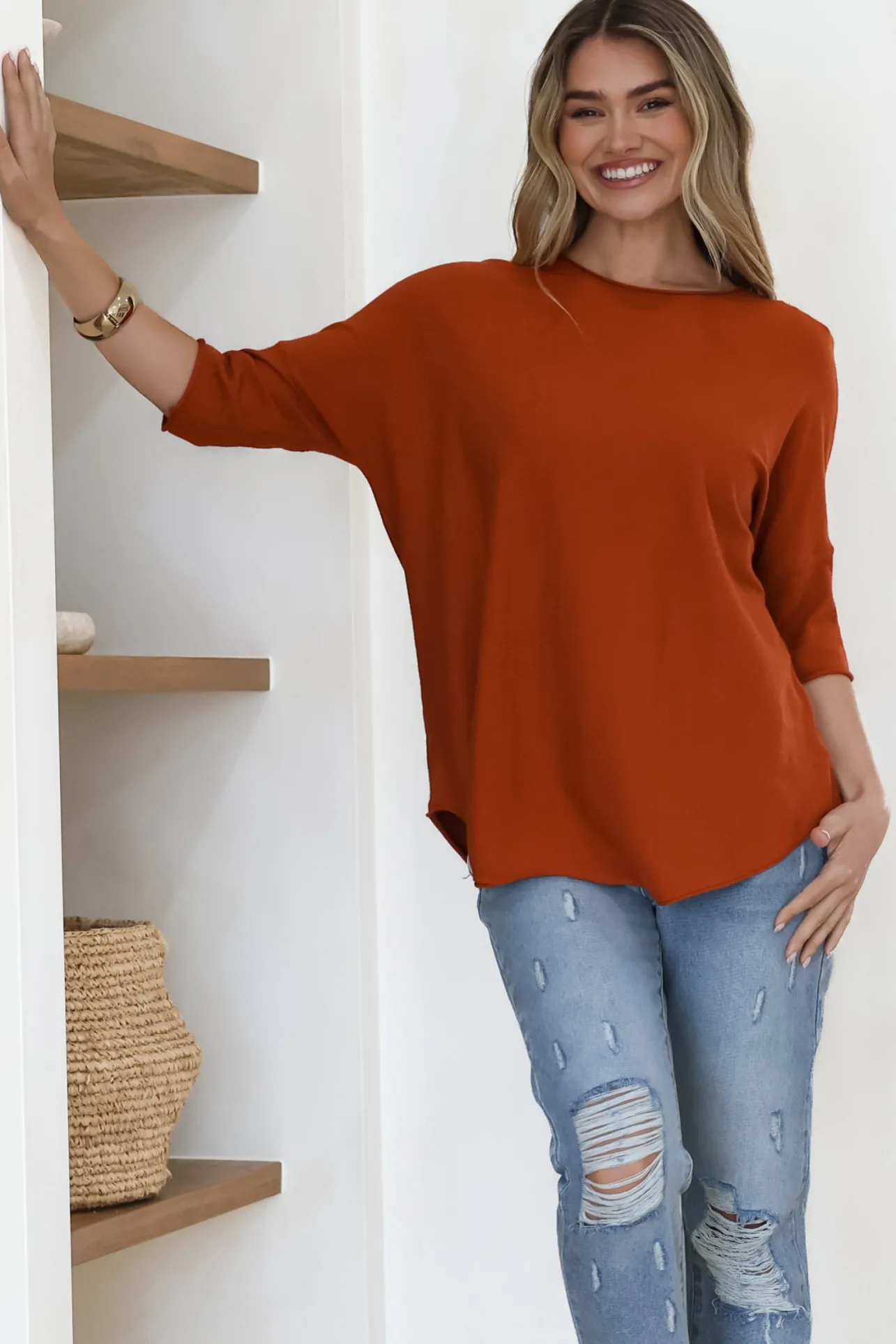 Allegra Knit Top - Crew Neck Curved Hem Box Silhouette Top in Burnt Orange>Salty Crush Hot