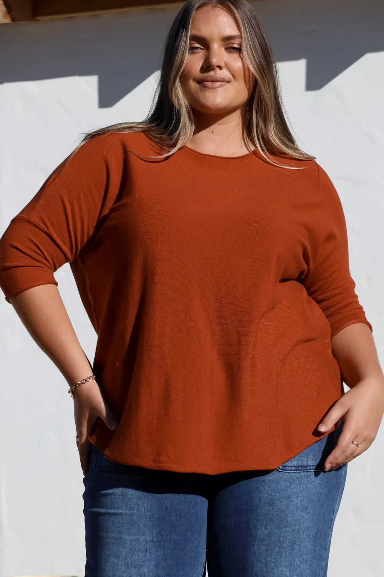 Allegra Knit Top - Crew Neck Curved Hem Box Silhouette Top in Burnt Orange>Salty Crush Hot