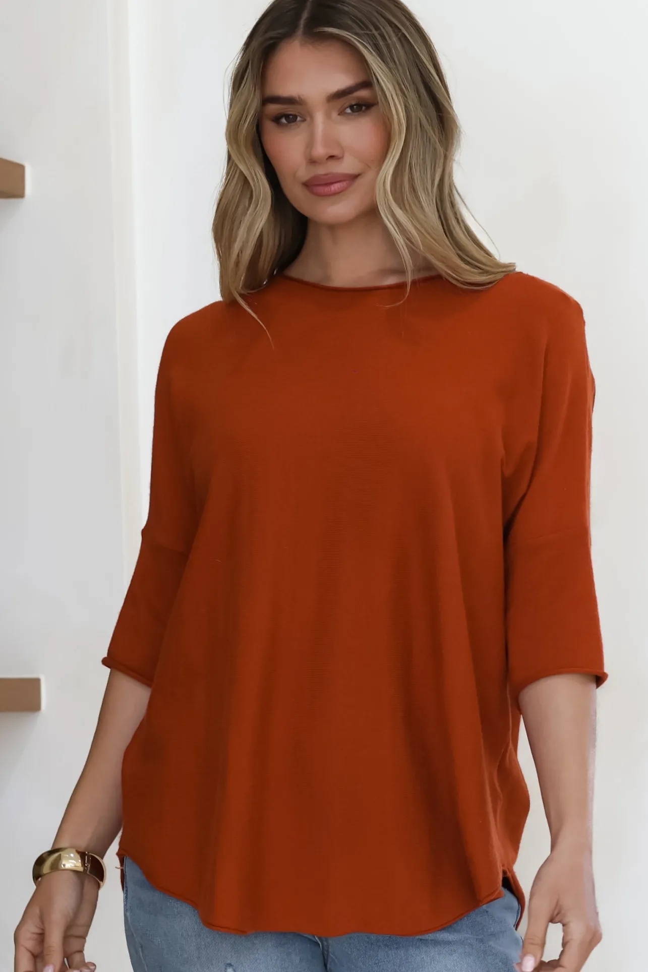 Allegra Knit Top - Crew Neck Curved Hem Box Silhouette Top in Burnt Orange>Salty Crush Hot