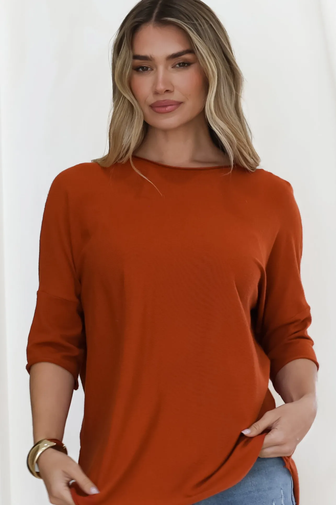 Allegra Knit Top - Crew Neck Curved Hem Box Silhouette Top in Burnt Orange>Salty Crush Hot