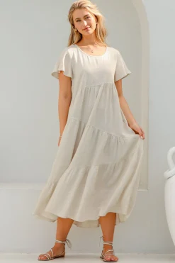 Allegra Midi Dress - Relaxed Asymmetric Tiered Linen Smock Dress in Oat>Salty Crush New