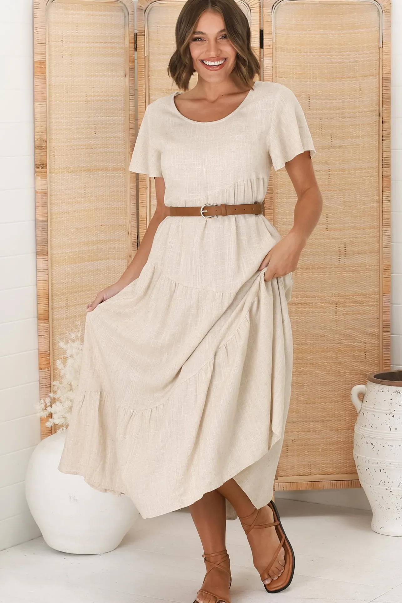 Allegra Midi Dress - Relaxed Asymmetric Tiered Linen Smock Dress in Oat>Salty Crush New
