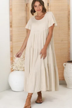 Allegra Midi Dress - Relaxed Asymmetric Tiered Linen Smock Dress in Oat><noscript><img width=
