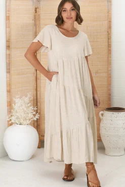 Allegra Midi Dress - Relaxed Asymmetric Tiered Linen Smock Dress in Oat><noscript><img width=