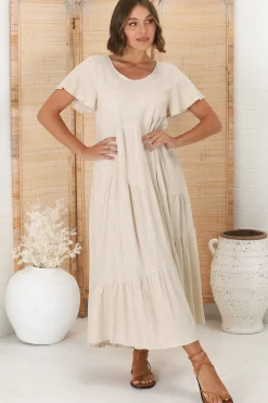 Allegra Midi Dress - Relaxed Asymmetric Tiered Linen Smock Dress in Oat><noscript><img width=