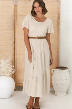 Allegra Midi Dress - Relaxed Asymmetric Tiered Linen Smock Dress in Oat><noscript><img width=