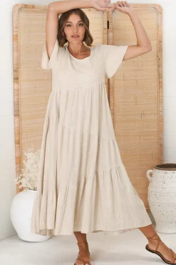 Allegra Midi Dress - Relaxed Asymmetric Tiered Linen Smock Dress in Oat><noscript><img width=