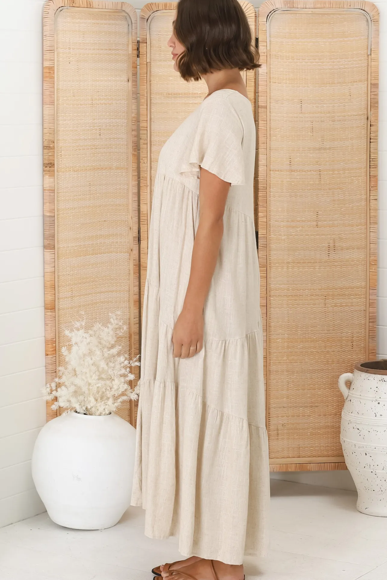 Allegra Midi Dress - Relaxed Asymmetric Tiered Linen Smock Dress in Oat>Salty Crush New