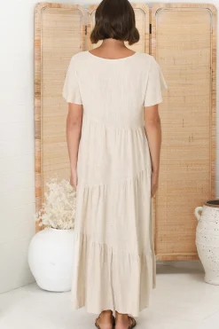 Allegra Midi Dress - Relaxed Asymmetric Tiered Linen Smock Dress in Oat><noscript><img width=