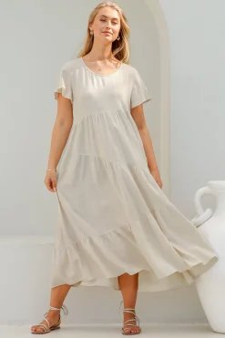 Allegra Midi Dress - Relaxed Asymmetric Tiered Linen Smock Dress in Oat><noscript><img width=