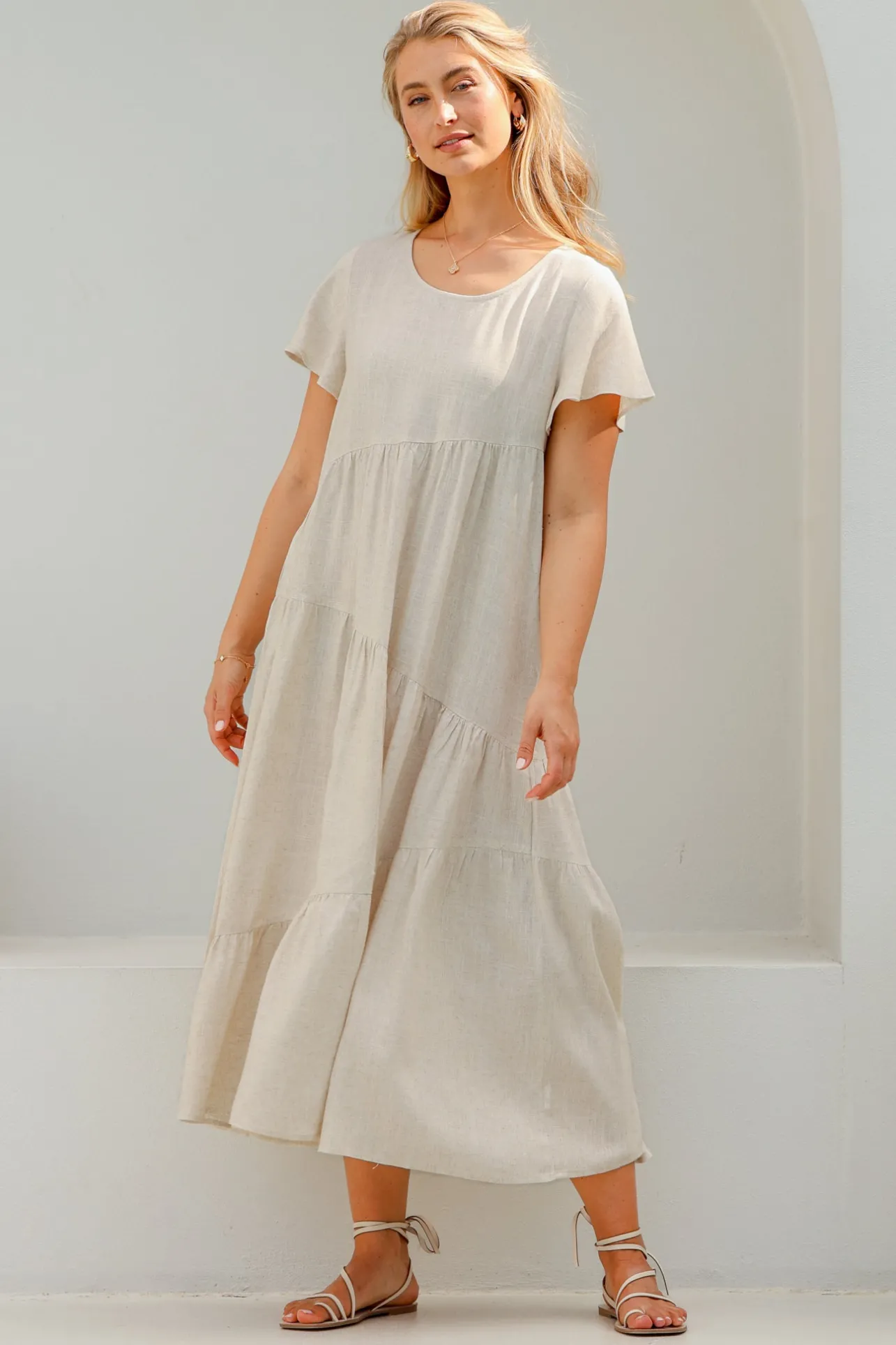 Allegra Midi Dress - Relaxed Asymmetric Tiered Linen Smock Dress in Oat>Salty Crush New
