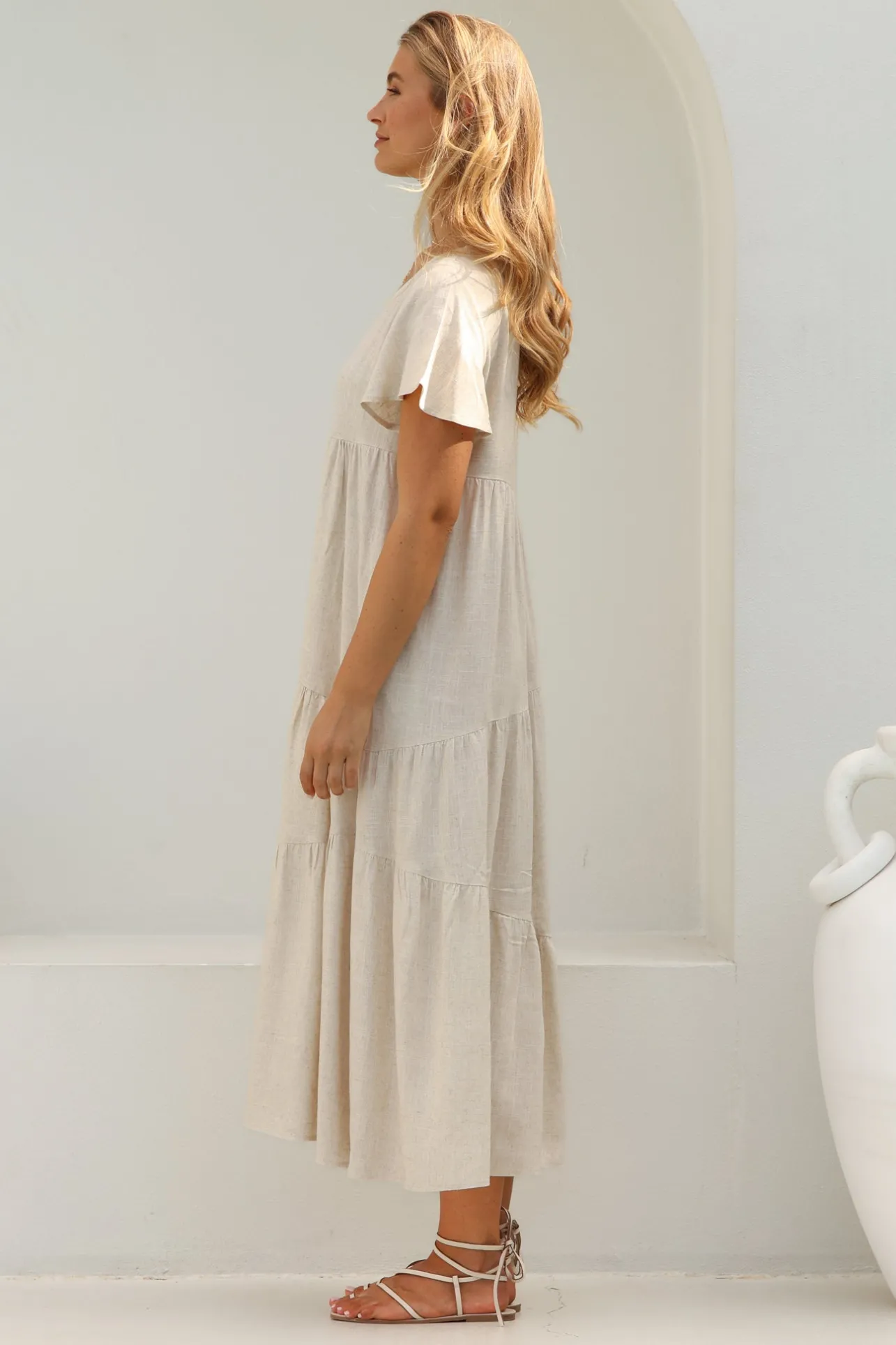 Allegra Midi Dress - Relaxed Asymmetric Tiered Linen Smock Dress in Oat>Salty Crush New