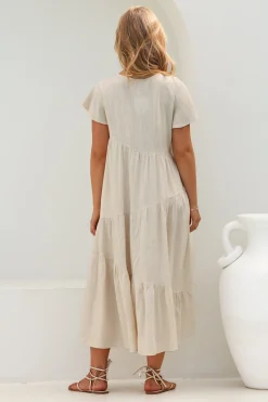 Allegra Midi Dress - Relaxed Asymmetric Tiered Linen Smock Dress in Oat><noscript><img width=