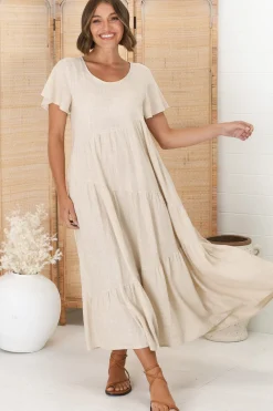 Allegra Midi Dress - Relaxed Asymmetric Tiered Linen Smock Dress in Oat><noscript><img width=