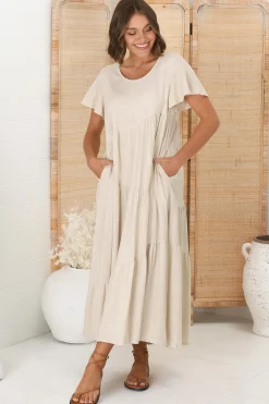 Allegra Midi Dress - Relaxed Asymmetric Tiered Linen Smock Dress in Oat><noscript><img width=