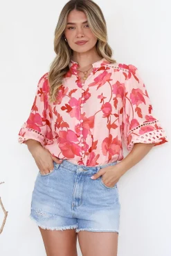 Alyce Shirt - Mandarin Collar Cut Out Detailed Sleeve Button Down in Larissa Print>Salty Crush Online