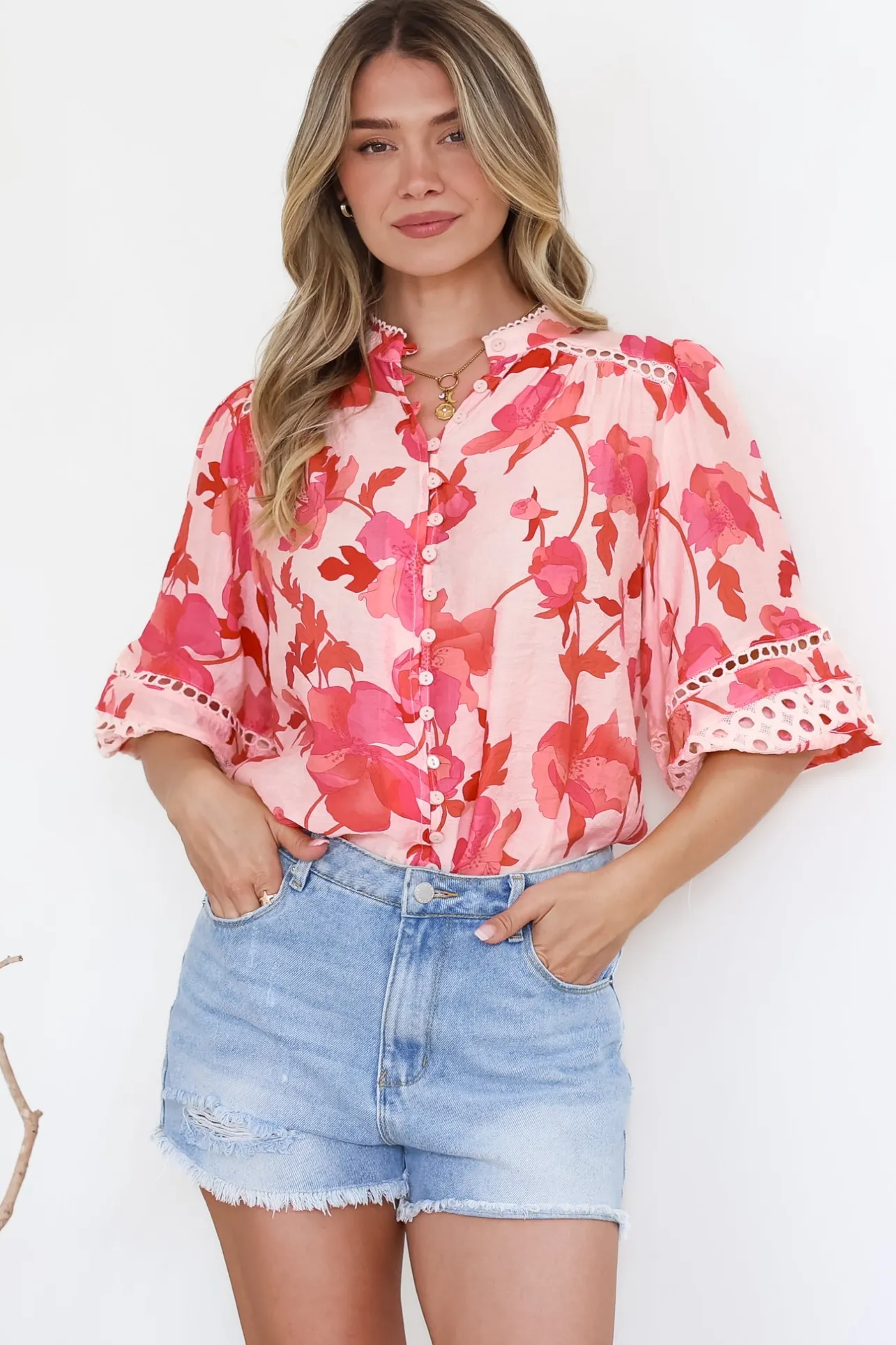 Alyce Shirt - Mandarin Collar Cut Out Detailed Sleeve Button Down in Larissa Print>Salty Crush Online