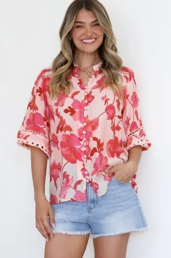 Alyce Shirt - Mandarin Collar Cut Out Detailed Sleeve Button Down in Larissa Print>Salty Crush Online