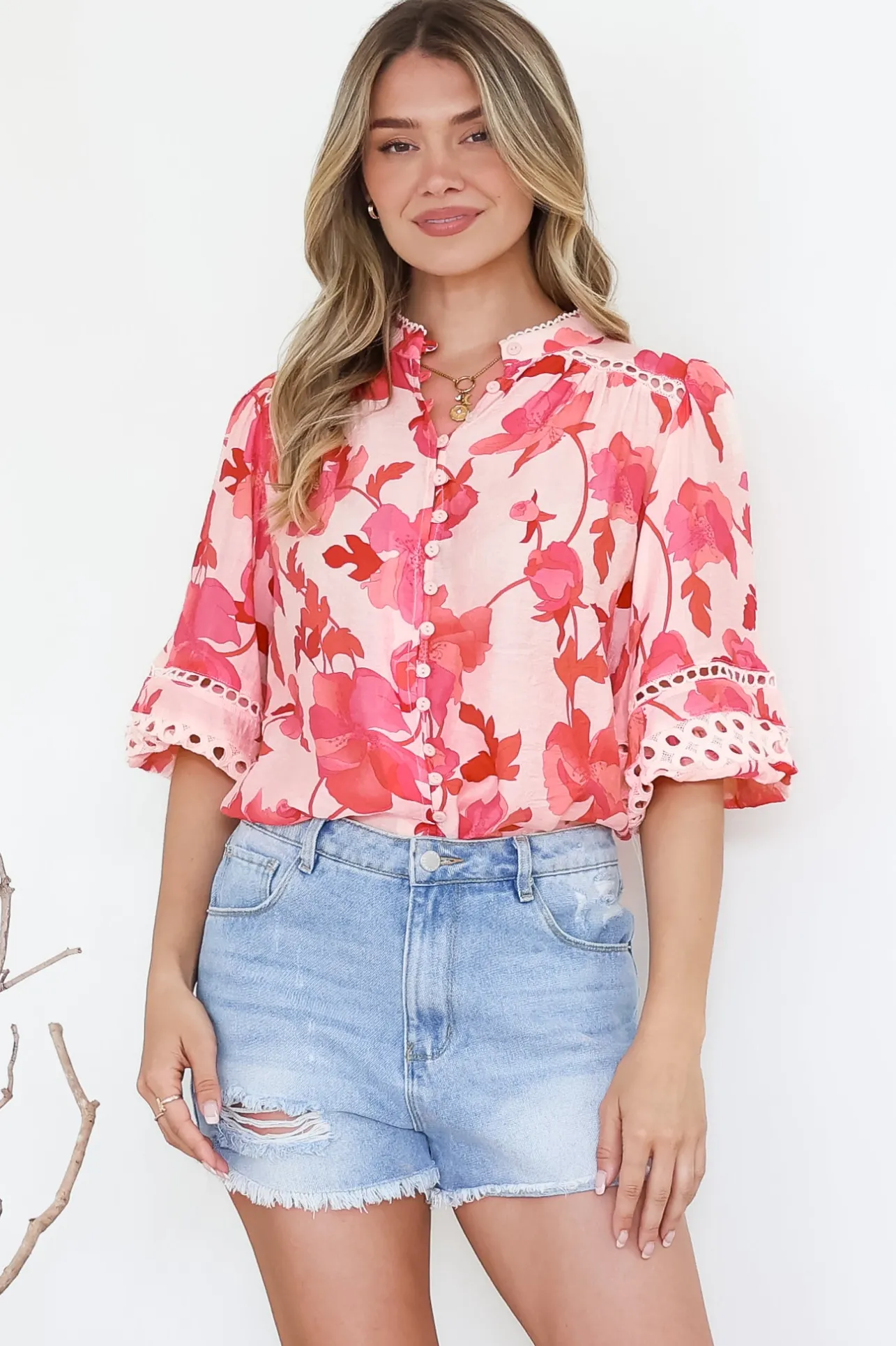 Alyce Shirt - Mandarin Collar Cut Out Detailed Sleeve Button Down in Larissa Print>Salty Crush Online