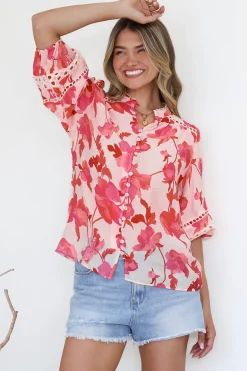 Alyce Shirt - Mandarin Collar Cut Out Detailed Sleeve Button Down in Larissa Print><noscript><img width=