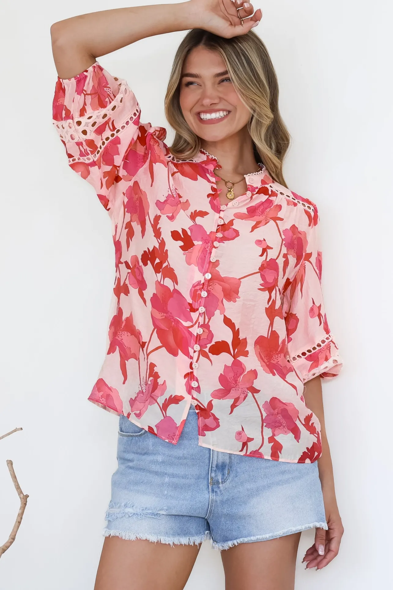 Alyce Shirt - Mandarin Collar Cut Out Detailed Sleeve Button Down in Larissa Print>Salty Crush Online