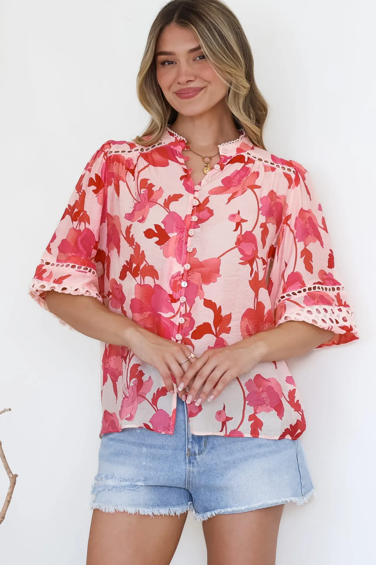 Alyce Shirt - Mandarin Collar Cut Out Detailed Sleeve Button Down in Larissa Print>Salty Crush Online