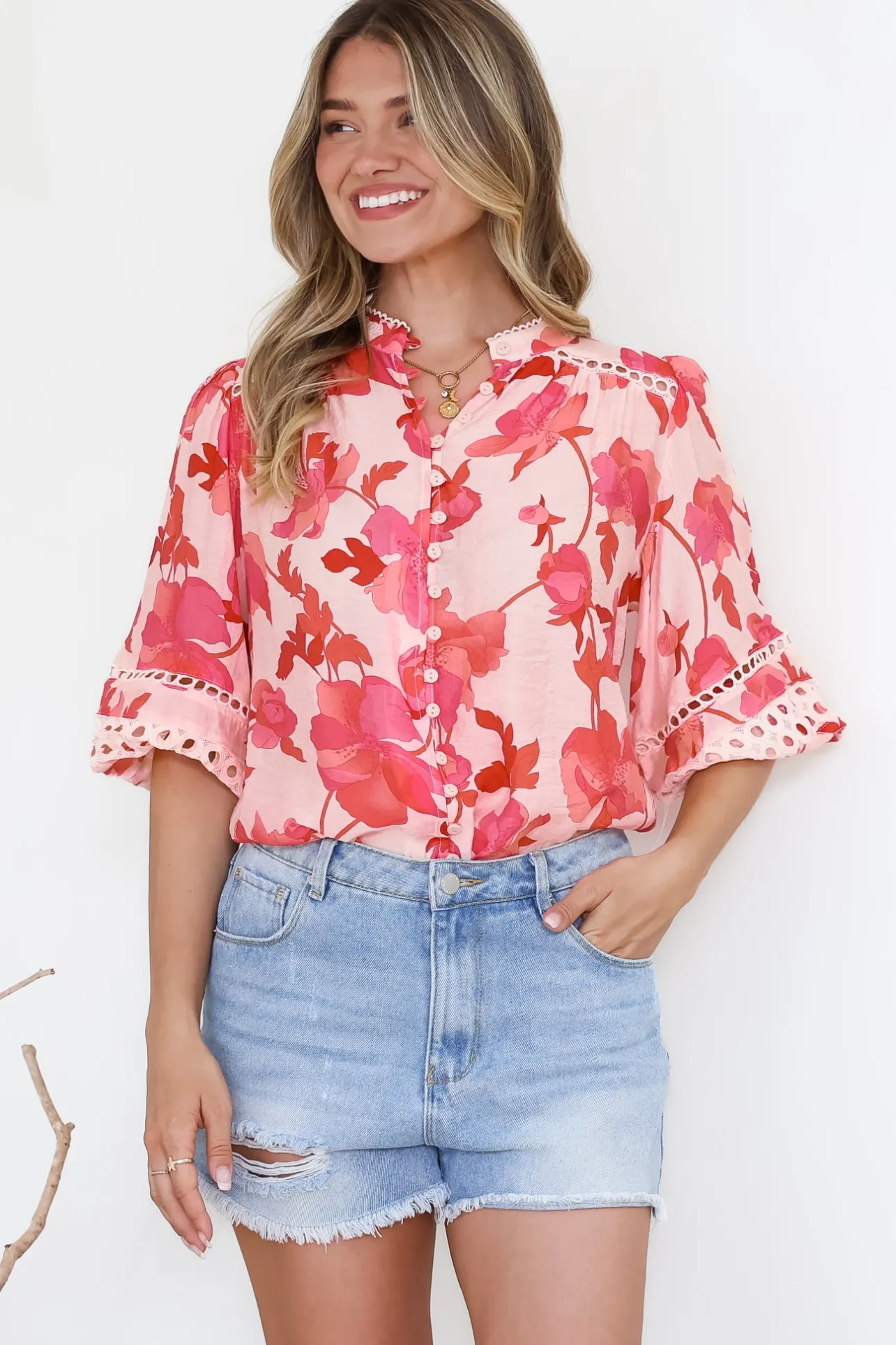 Alyce Shirt - Mandarin Collar Cut Out Detailed Sleeve Button Down in Larissa Print>Salty Crush Online