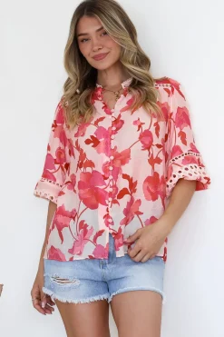 Alyce Shirt - Mandarin Collar Cut Out Detailed Sleeve Button Down in Larissa Print><noscript><img width=