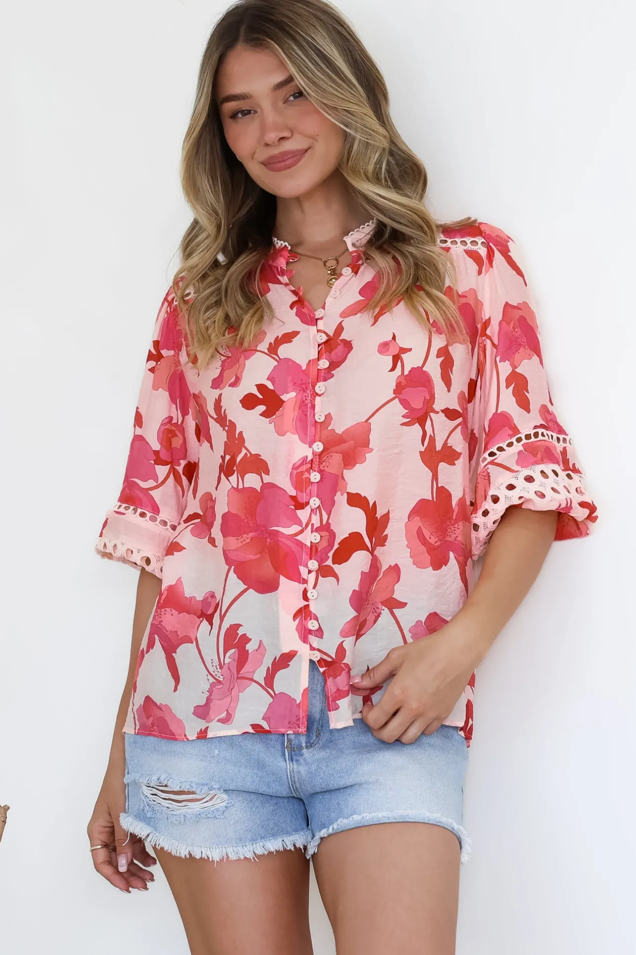 Alyce Shirt - Mandarin Collar Cut Out Detailed Sleeve Button Down in Larissa Print>Salty Crush Online