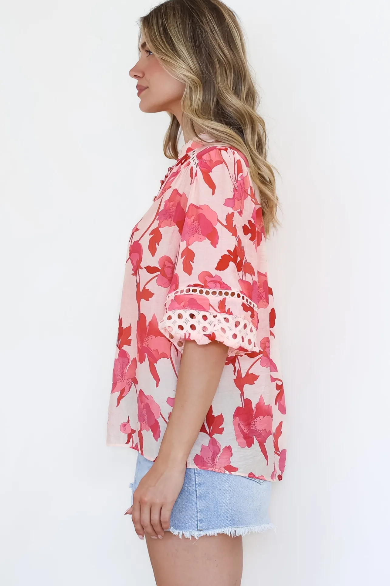 Alyce Shirt - Mandarin Collar Cut Out Detailed Sleeve Button Down in Larissa Print>Salty Crush Online