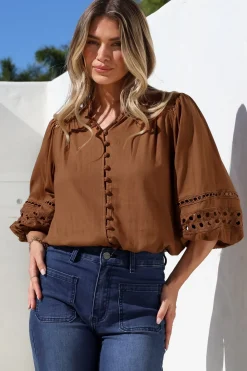 Alyce Shirt - Mandarin Collar Cut Out Detailed Sleeve Button Down in Tan>Salty Crush Sale