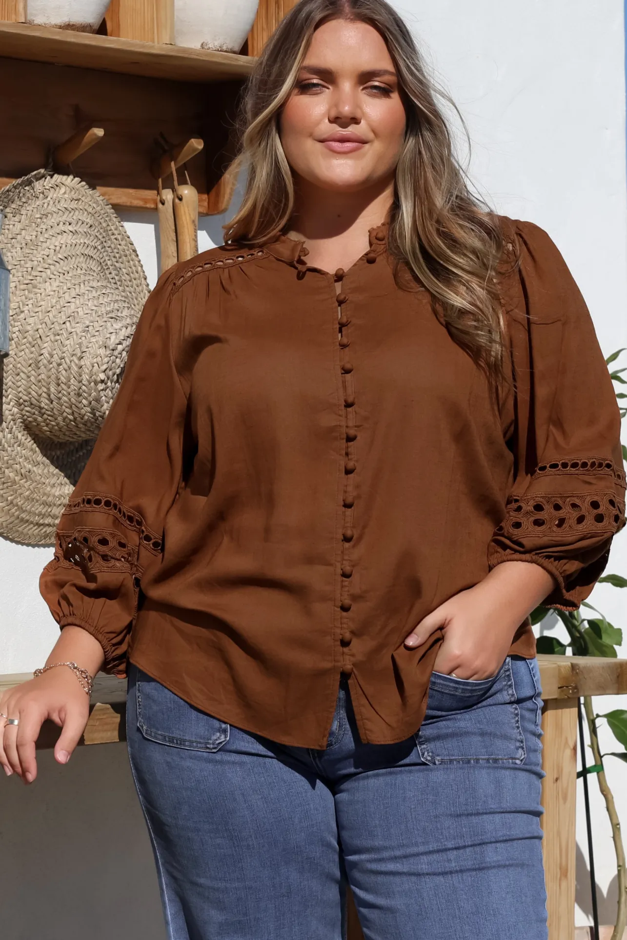 Alyce Shirt - Mandarin Collar Cut Out Detailed Sleeve Button Down in Tan>Salty Crush Sale