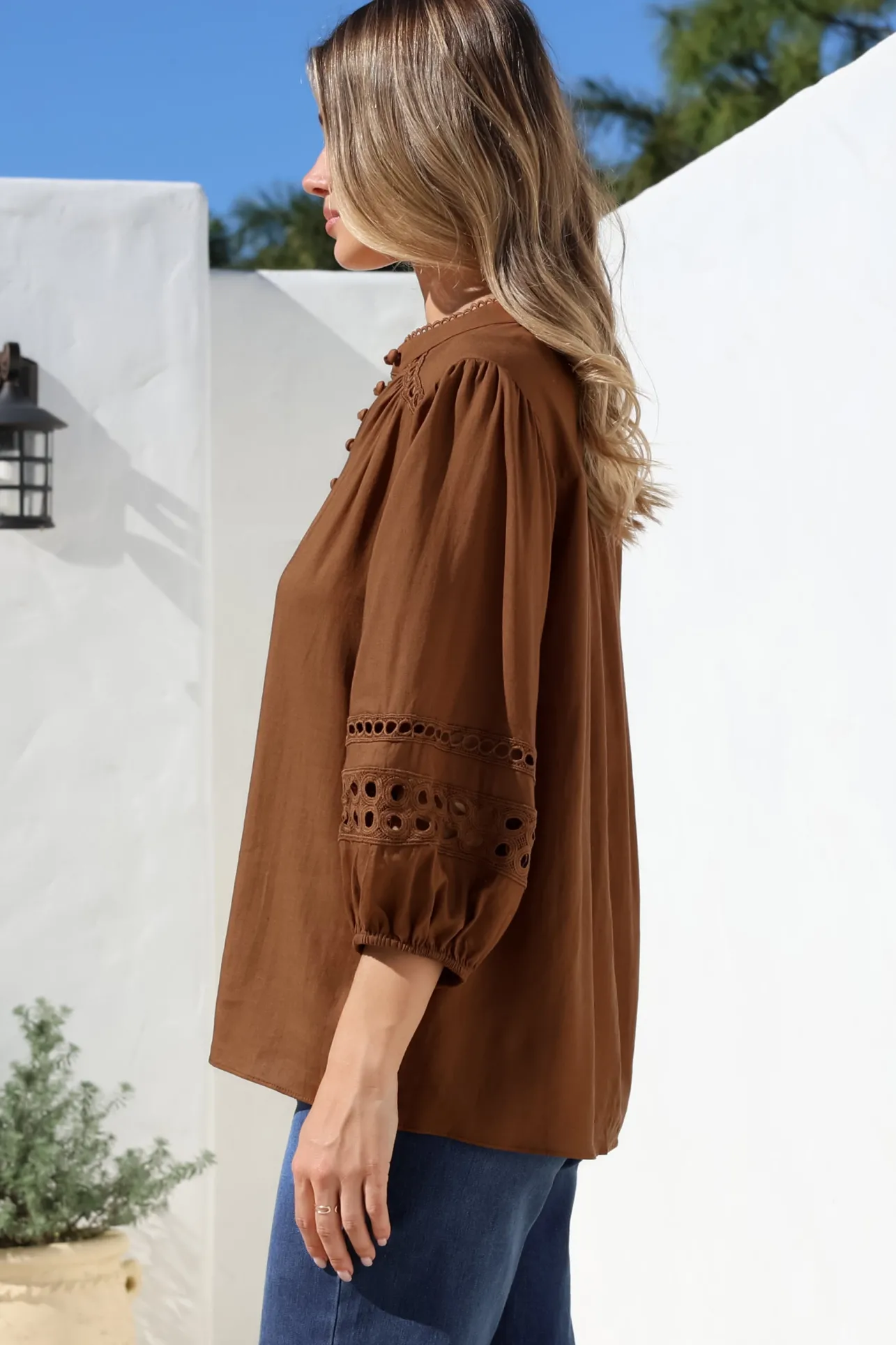Alyce Shirt - Mandarin Collar Cut Out Detailed Sleeve Button Down in Tan>Salty Crush Sale
