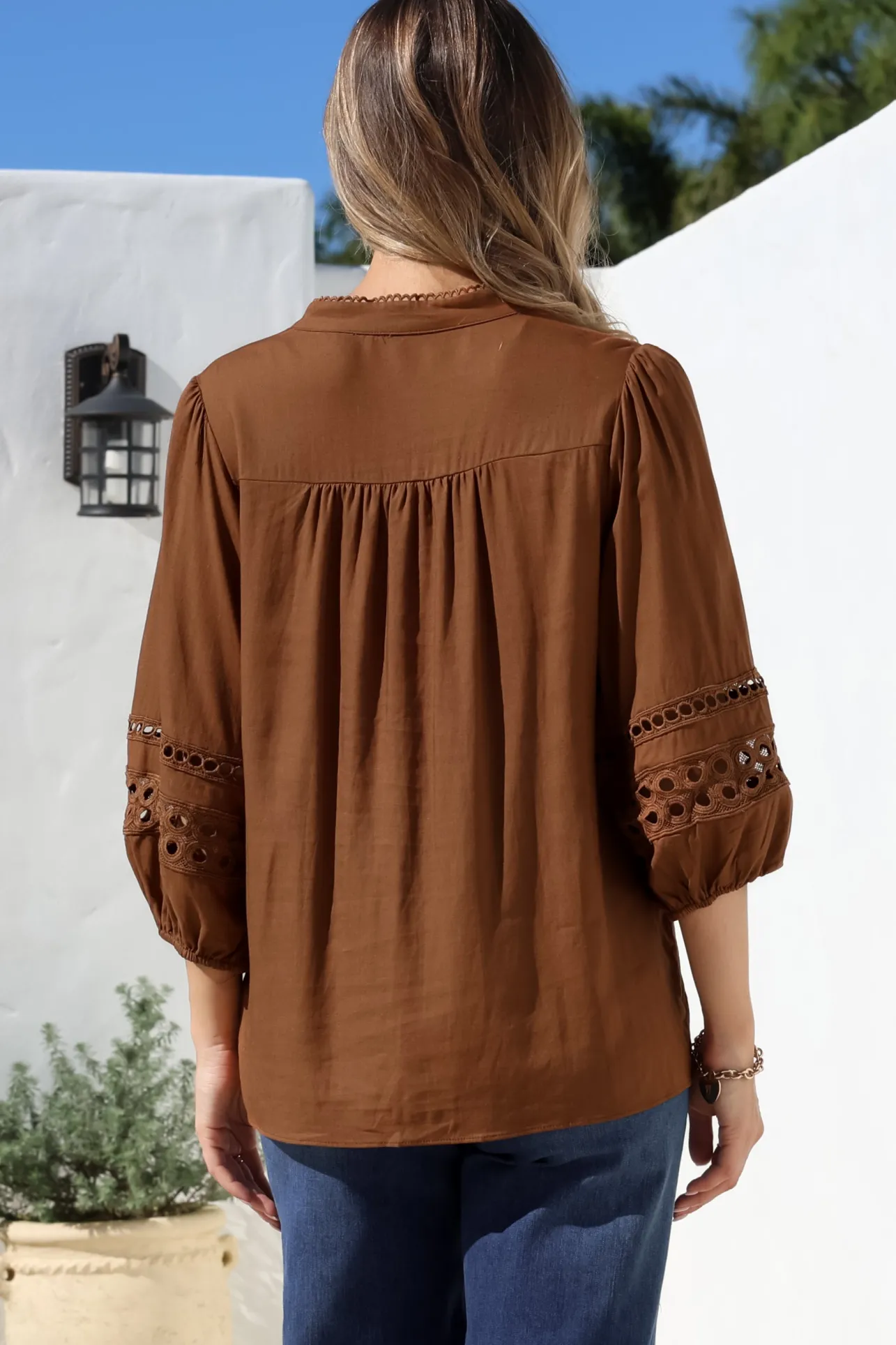 Alyce Shirt - Mandarin Collar Cut Out Detailed Sleeve Button Down in Tan>Salty Crush Sale
