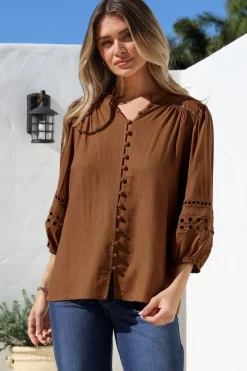 Alyce Shirt - Mandarin Collar Cut Out Detailed Sleeve Button Down in Tan><noscript><img width=