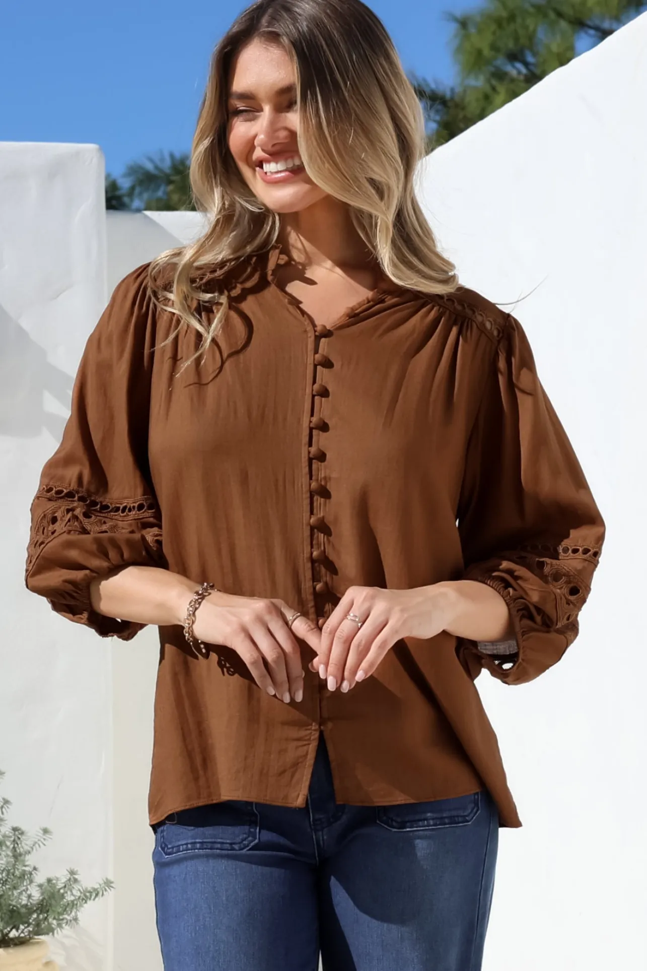Alyce Shirt - Mandarin Collar Cut Out Detailed Sleeve Button Down in Tan>Salty Crush Sale