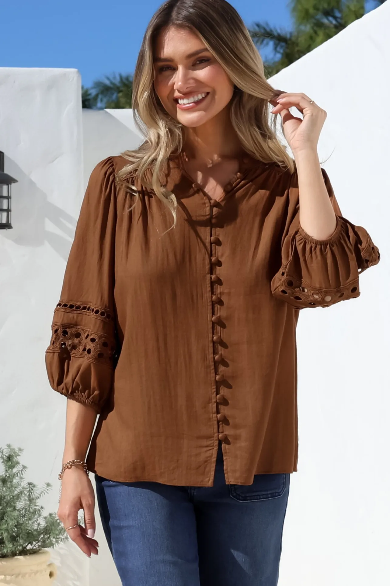 Alyce Shirt - Mandarin Collar Cut Out Detailed Sleeve Button Down in Tan>Salty Crush Sale