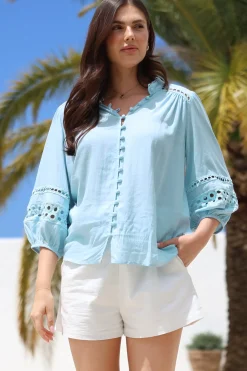 Alyce Shirt - Mandarin Collar Cut Out Detailed Sleeve Button Down in Light Blue><noscript><img width=