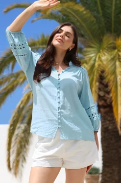 Alyce Shirt - Mandarin Collar Cut Out Detailed Sleeve Button Down in Light Blue><noscript><img width=