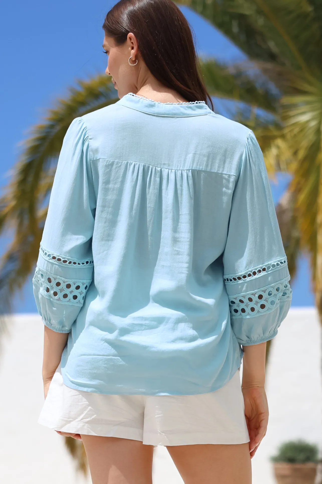 Alyce Shirt - Mandarin Collar Cut Out Detailed Sleeve Button Down in Light Blue>Salty Crush