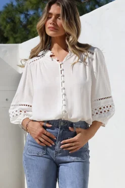 Alyce Shirt - Mandarin Collar Cut Out Detailed Sleeve Button Down in White>Salty Crush Outlet