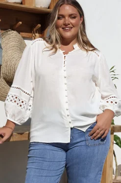Alyce Shirt - Mandarin Collar Cut Out Detailed Sleeve Button Down in White>Salty Crush Outlet
