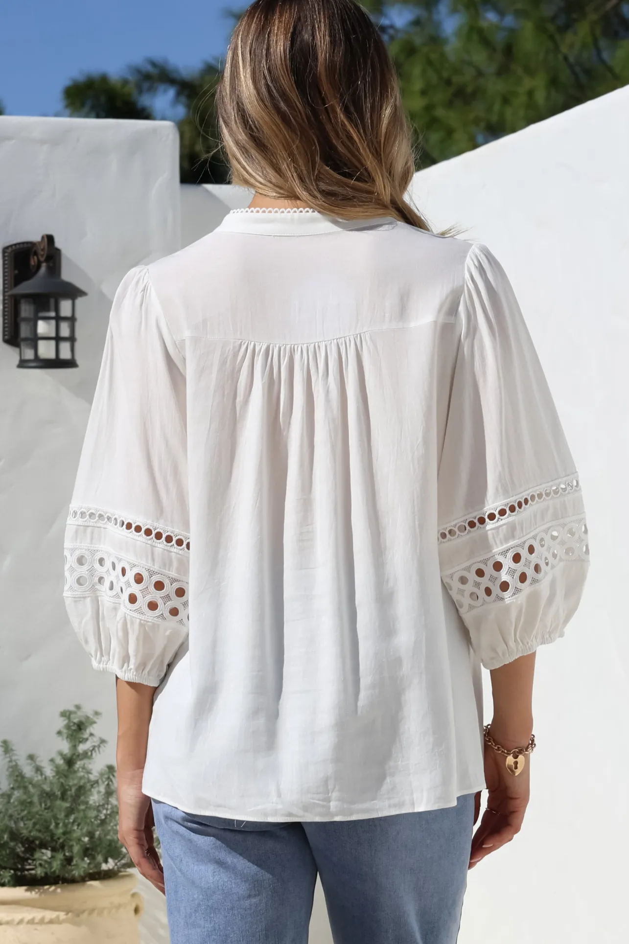 Alyce Shirt - Mandarin Collar Cut Out Detailed Sleeve Button Down in White>Salty Crush Outlet
