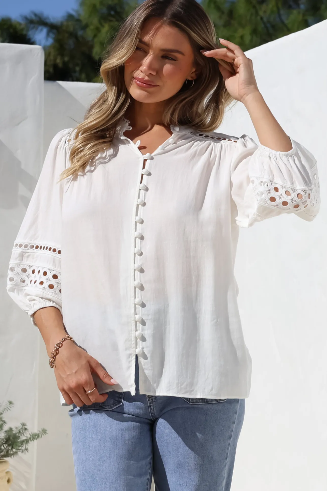 Alyce Shirt - Mandarin Collar Cut Out Detailed Sleeve Button Down in White>Salty Crush Outlet