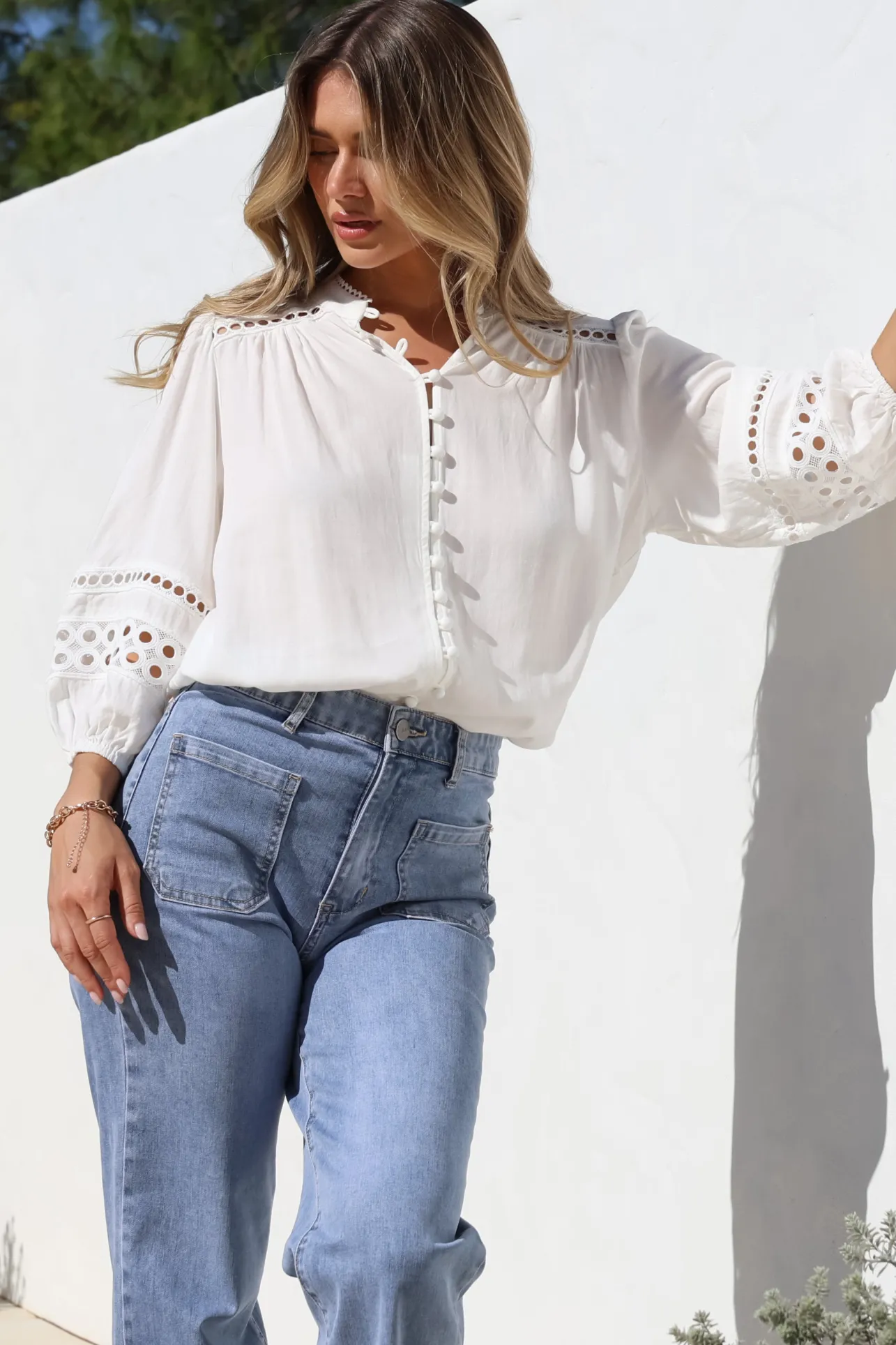 Alyce Shirt - Mandarin Collar Cut Out Detailed Sleeve Button Down in White>Salty Crush Outlet