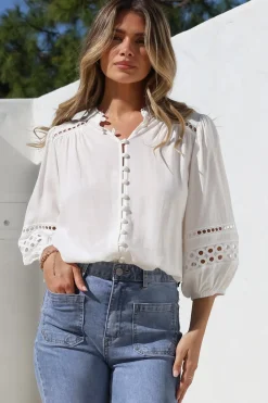Alyce Shirt - Mandarin Collar Cut Out Detailed Sleeve Button Down in White><noscript><img width=