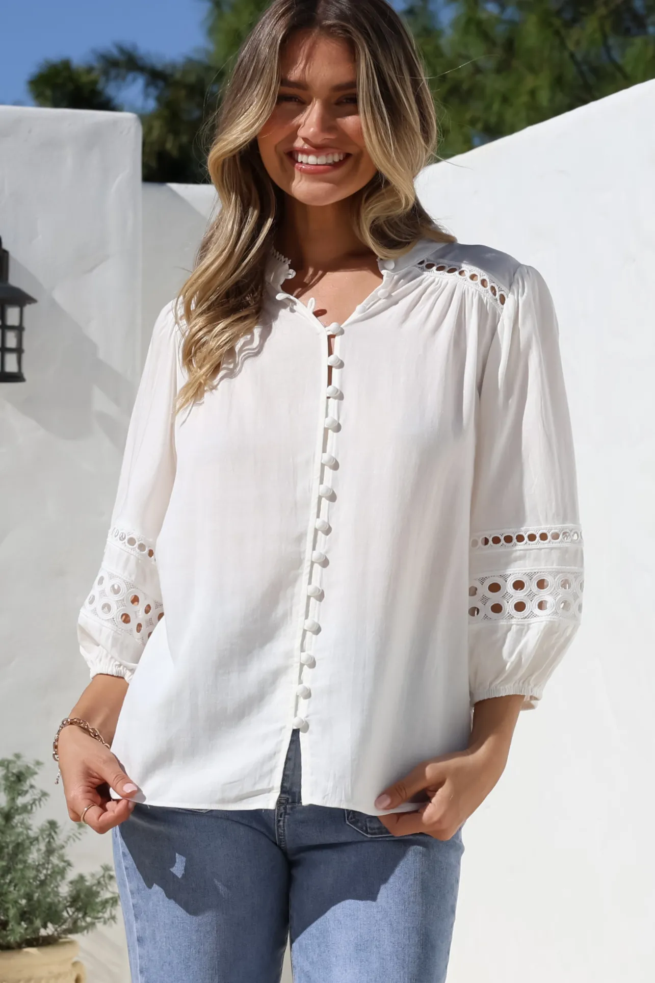 Alyce Shirt - Mandarin Collar Cut Out Detailed Sleeve Button Down in White>Salty Crush Outlet