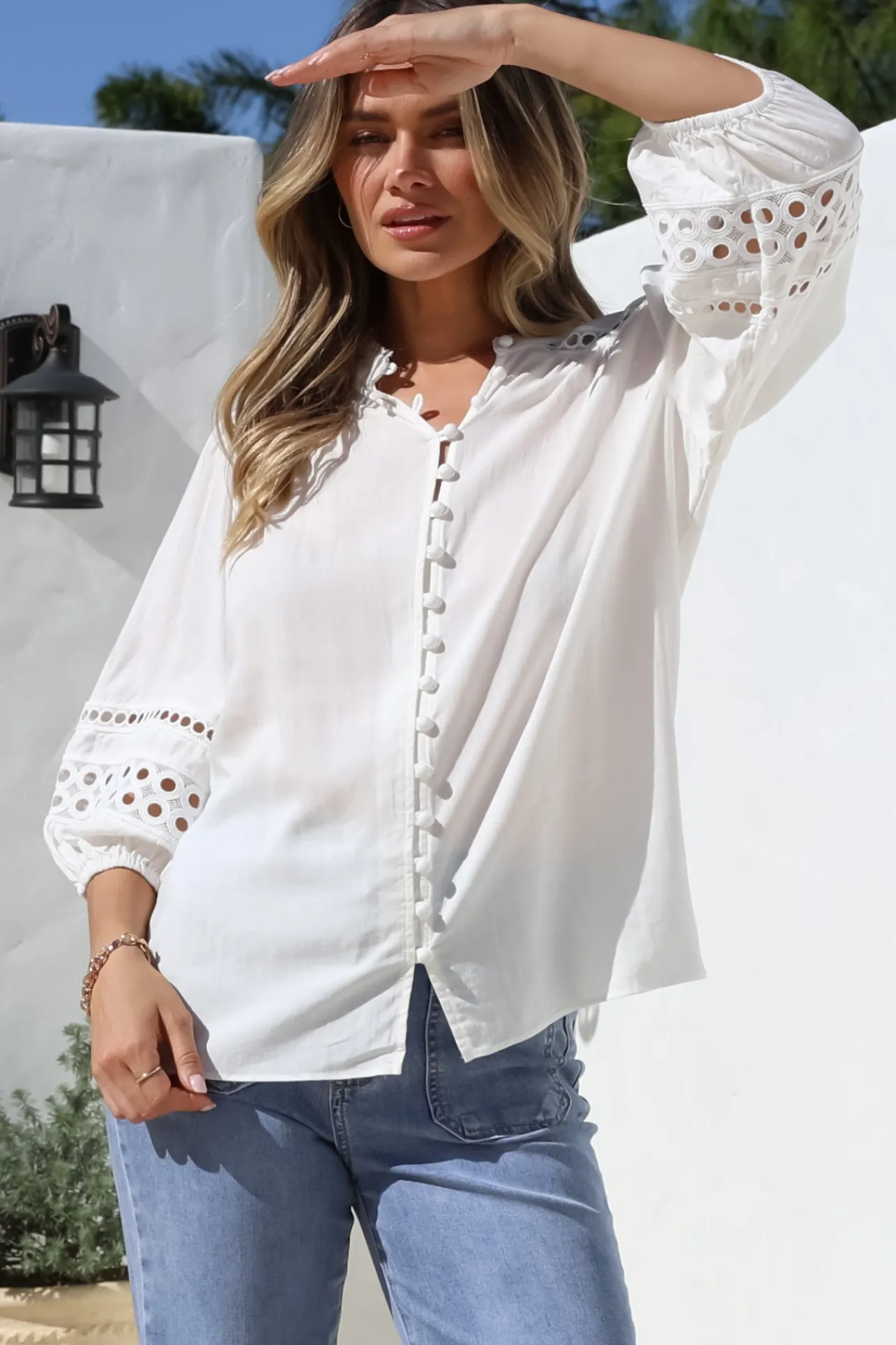 Alyce Shirt - Mandarin Collar Cut Out Detailed Sleeve Button Down in White>Salty Crush Outlet