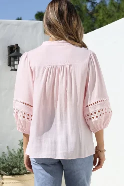Alyce Shirt - Mandarin Collar Cut Out Detailed Sleeve Button Down in Pink><noscript><img width=